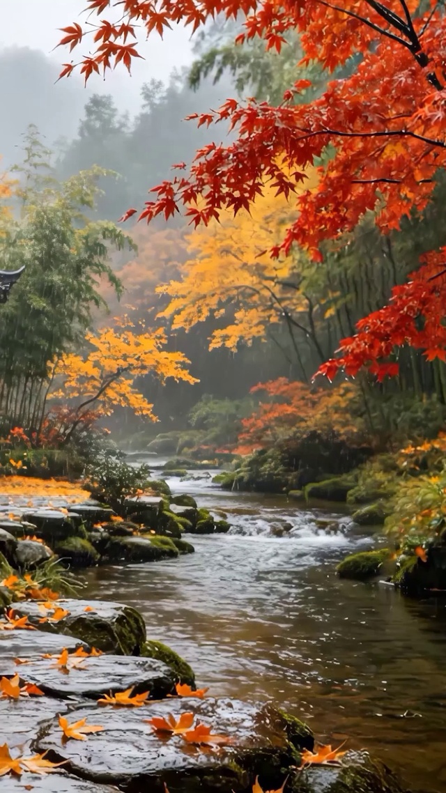 秋天竹林溪边木屋