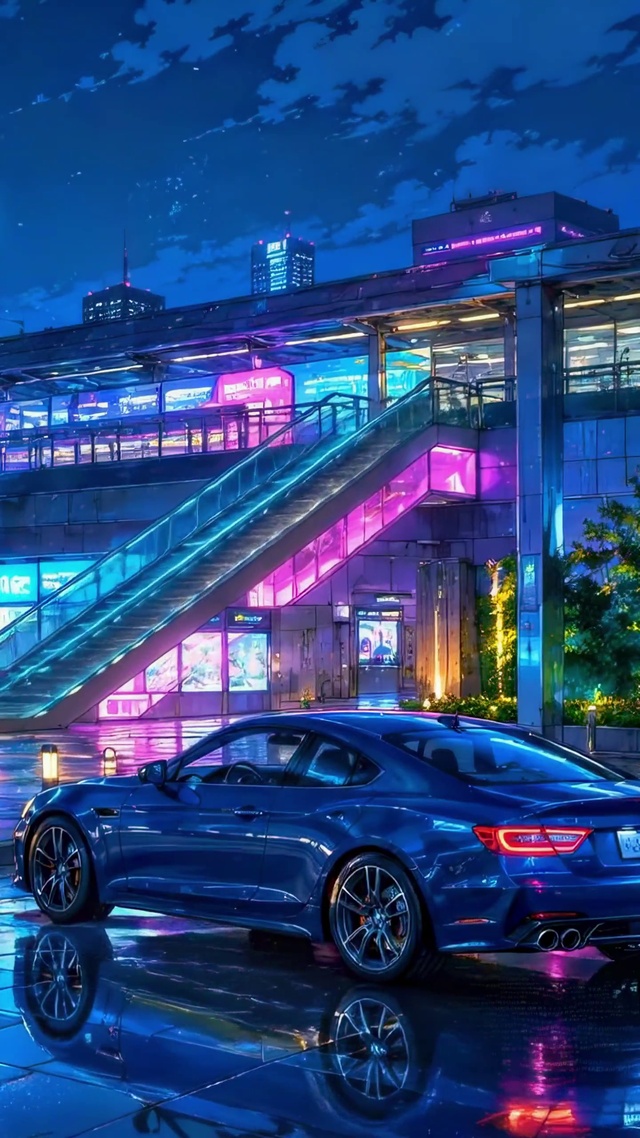 雨夜霓虹车站的蓝色跑车