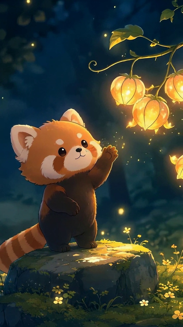 小熊猫与发光灯笼花