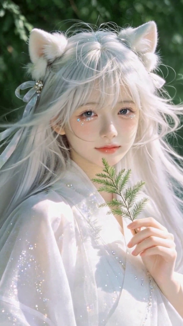 林间白发猫耳古风美少女