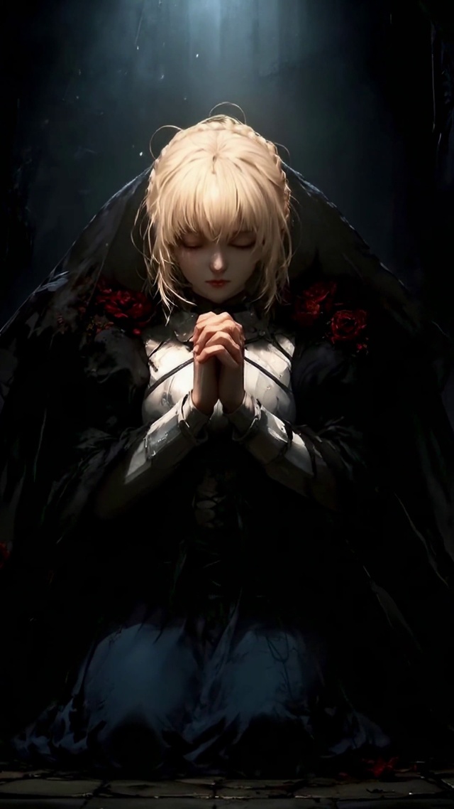 暗教堂祈祷的金发美少女