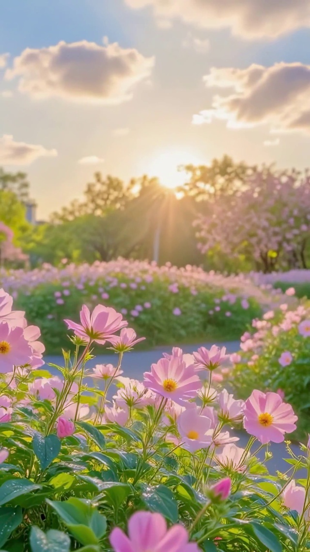 护眼风景春日花海晨光