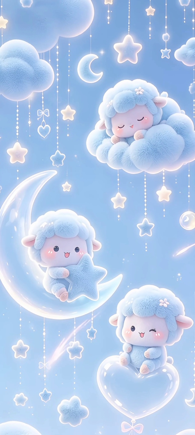 清新蓝可爱毛绒绒羊咩咩月亮星