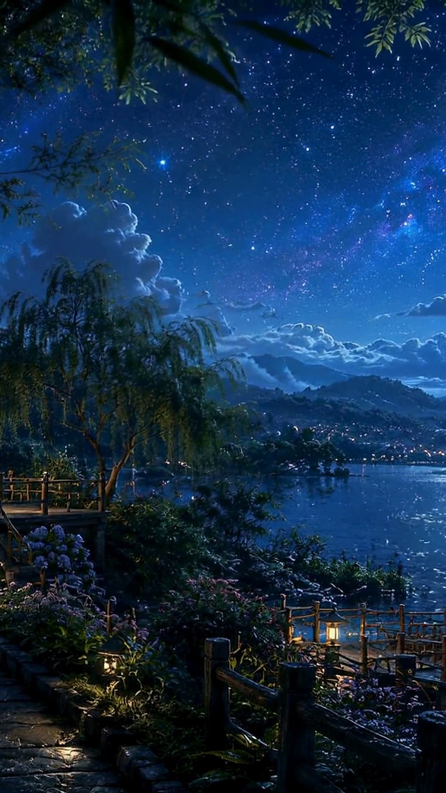 月夜湖畔星空夜景
