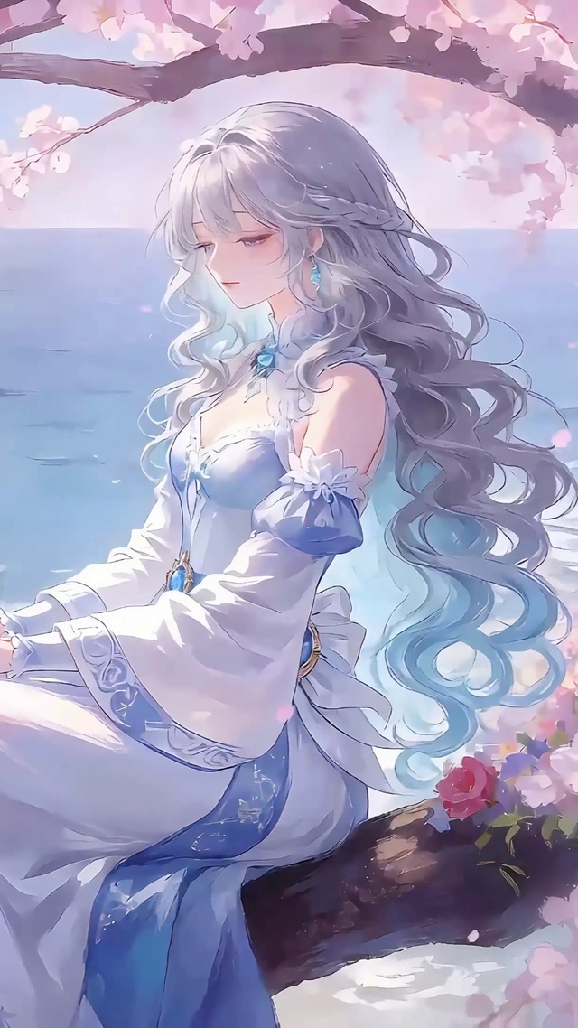 海边樱树下困倦的少女