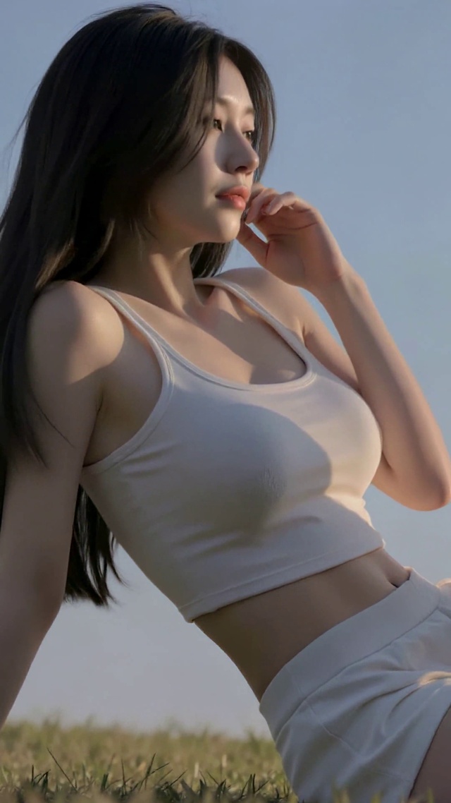 晴空草地清新长腿美女