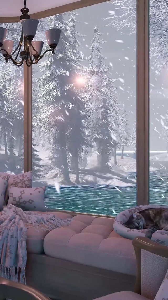 温暖冬日雪天湖边别墅房间