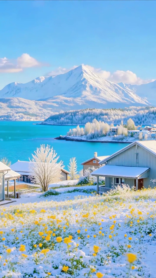 唯美雪山湖泊小屋