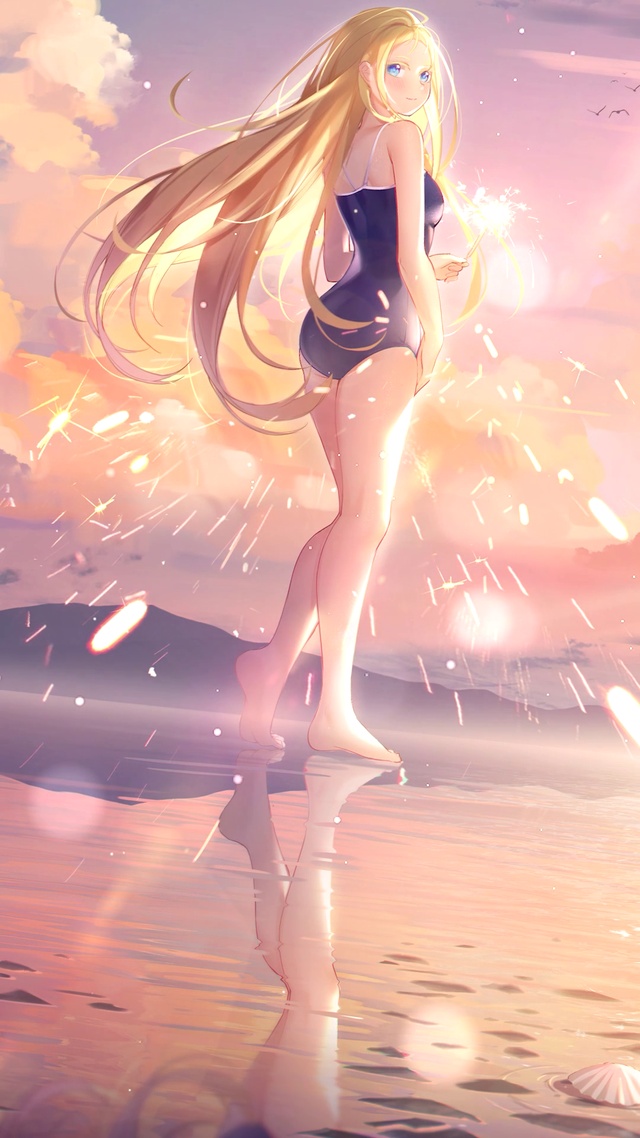 黄昏湖畔泳装少女