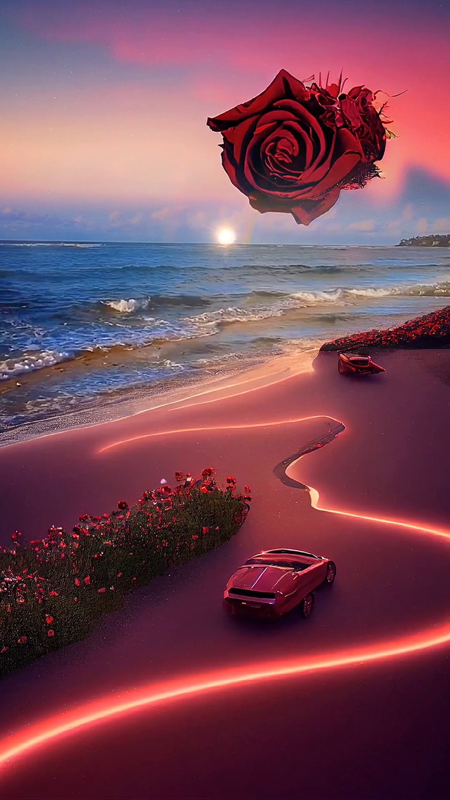 玫瑰跑车，浪漫大海