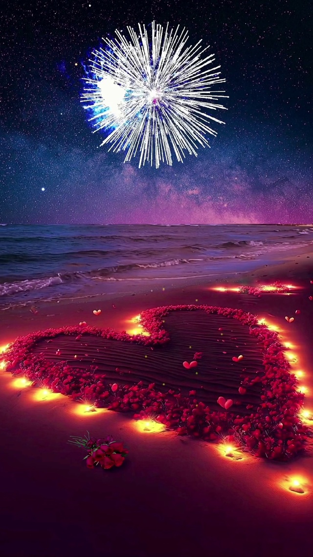爱心烟花玫瑰海滩