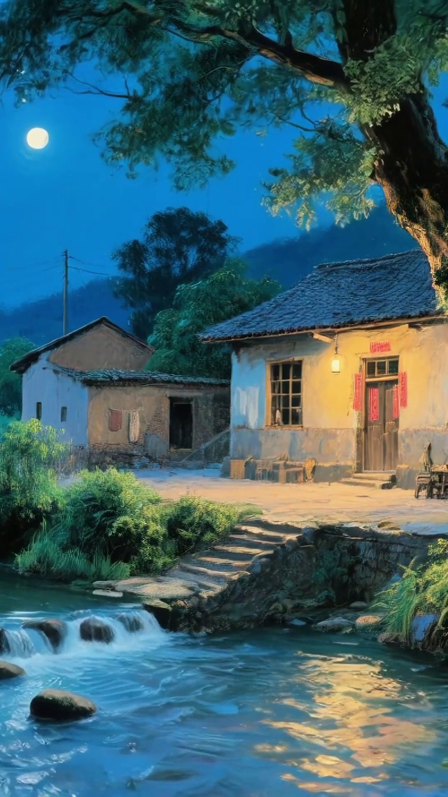 月夜乡村小屋