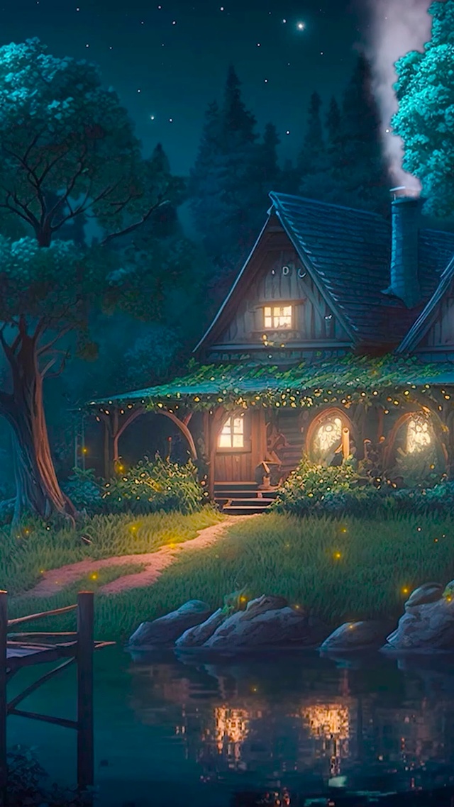 唯美月夜湖边小屋