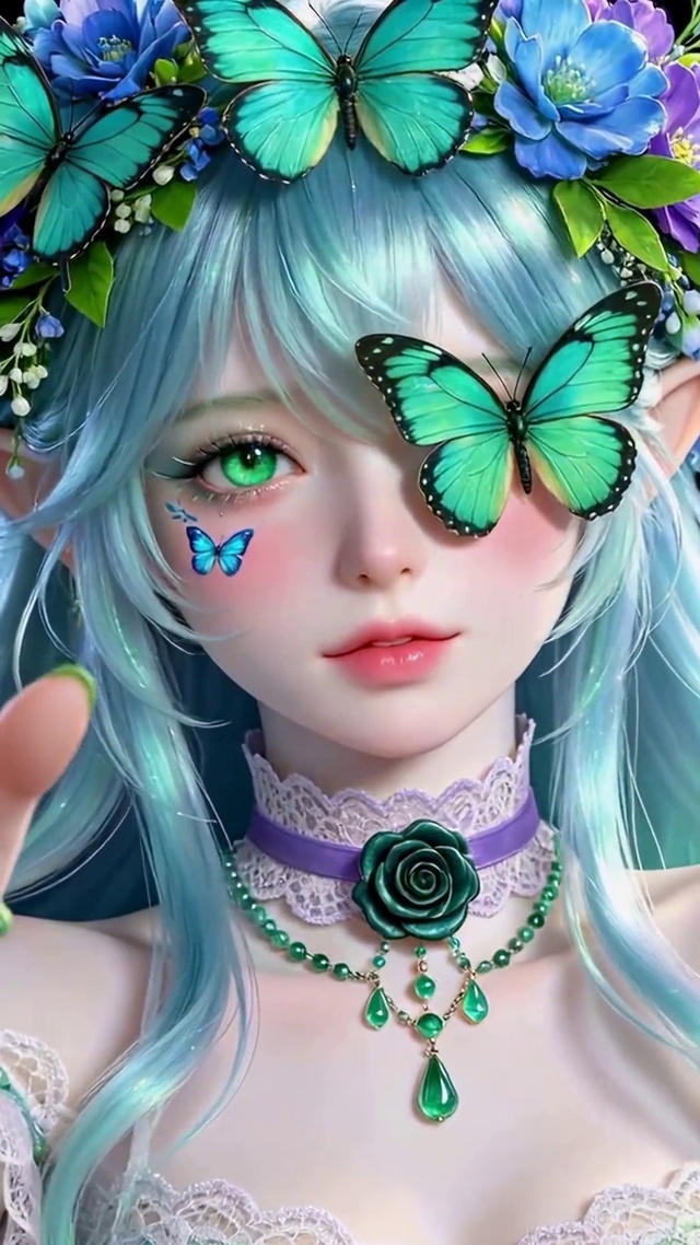 蓝发蝴蝶精灵美少女