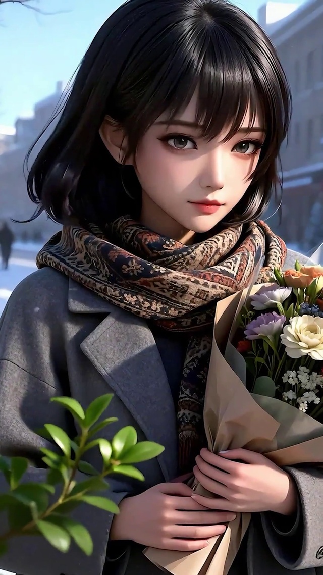 雪天手捧鲜花女孩