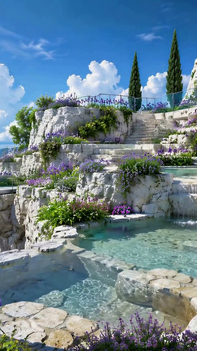 悬崖花海清池治愈风景