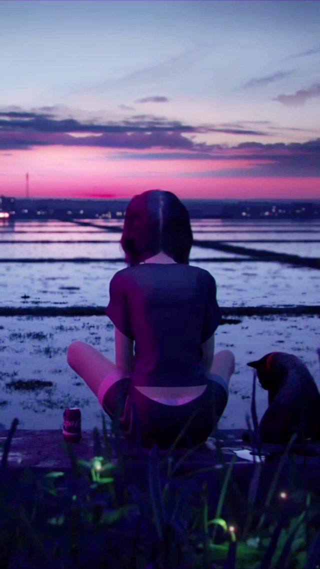 落日下的田间少女