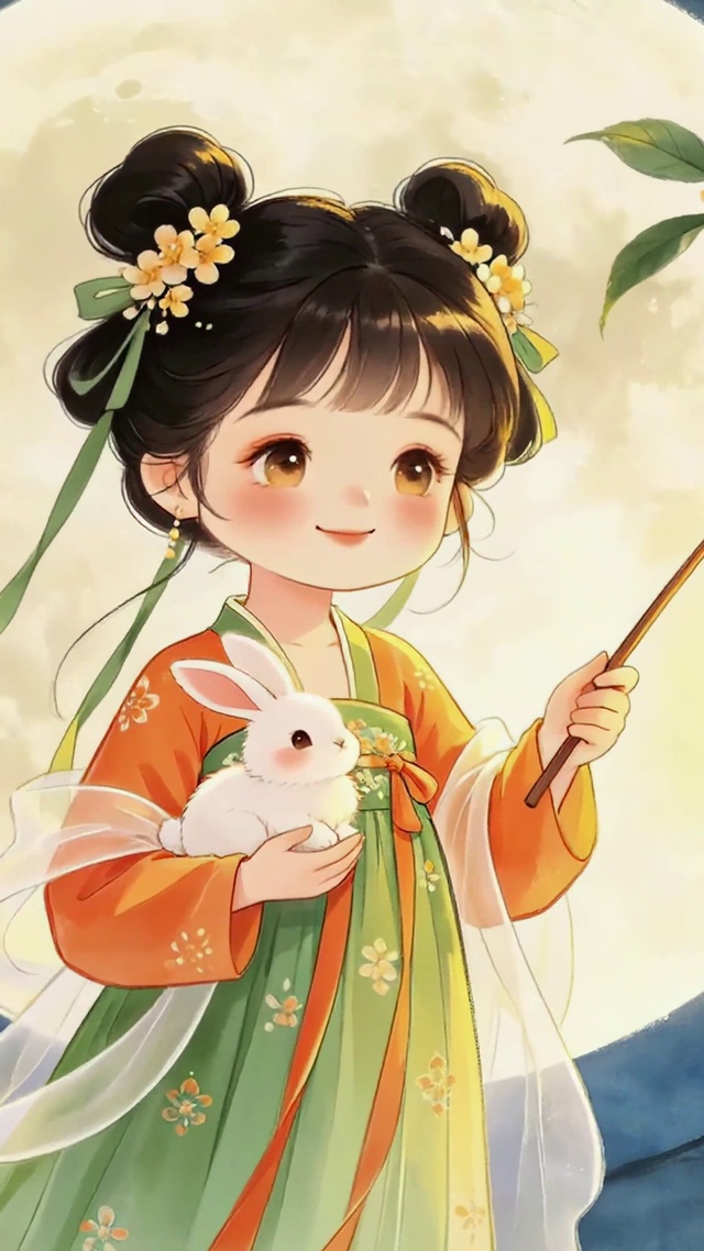 古风中秋提灯玉兔少女