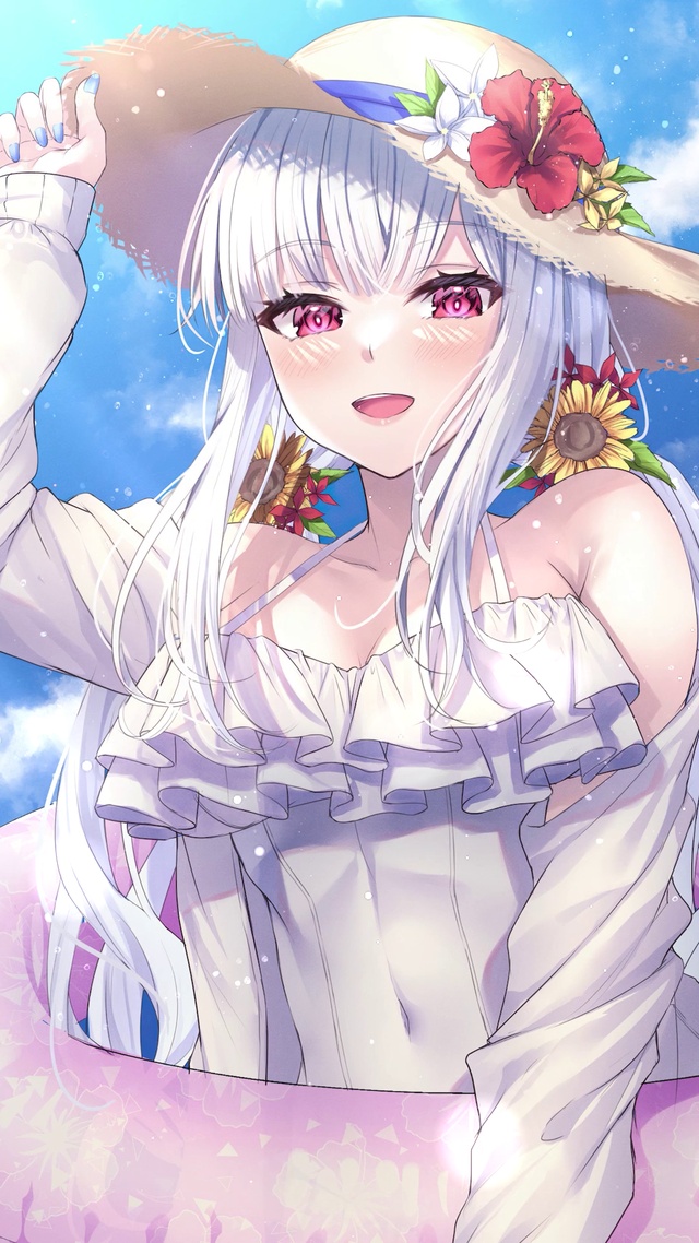 唯美白发草帽少女