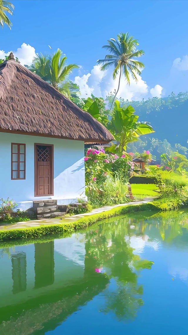 护眼白云树木河流