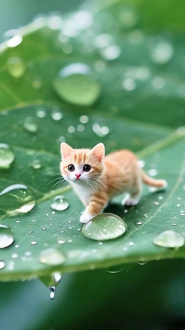 晨露大叶上弱小无助小猫咪