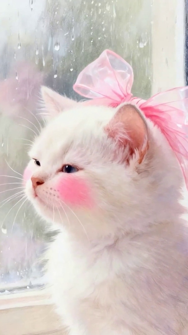 可爱猫咪望着窗外下雨