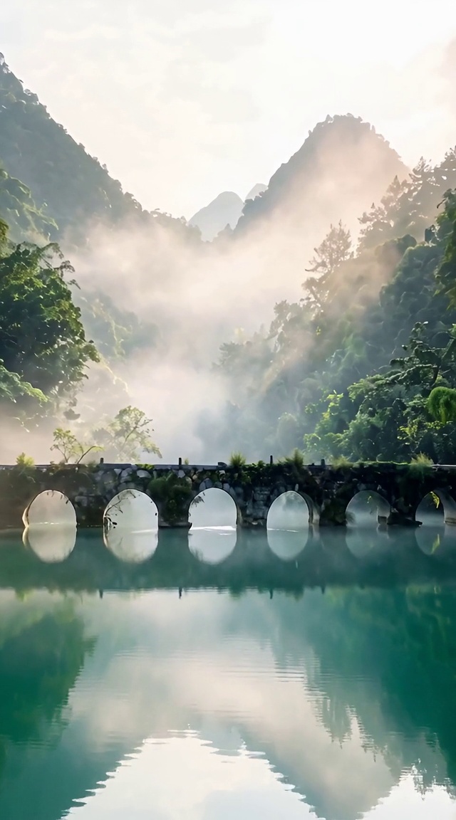古桥雾山倒影