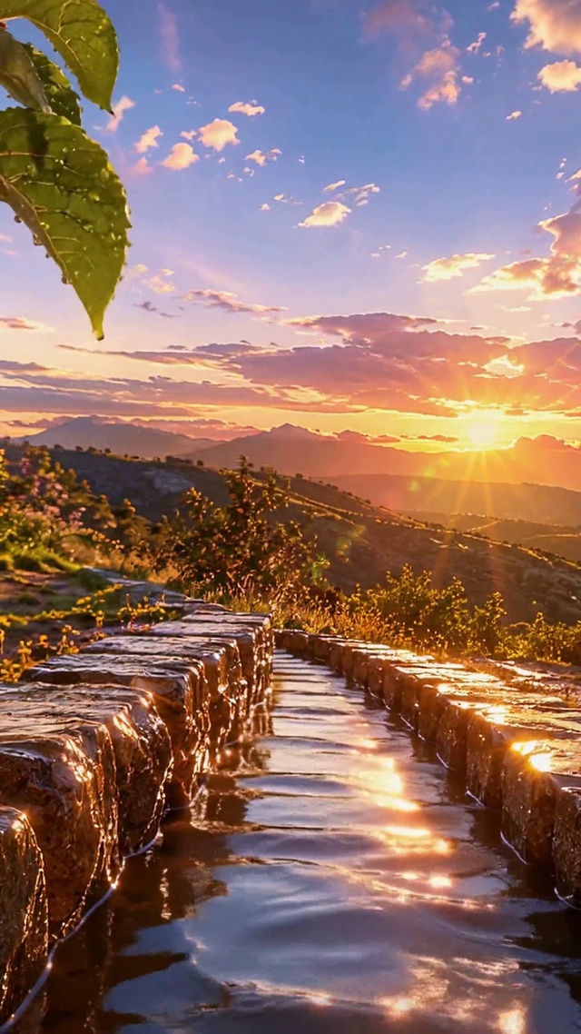 落日果林溪流唯美山间风景