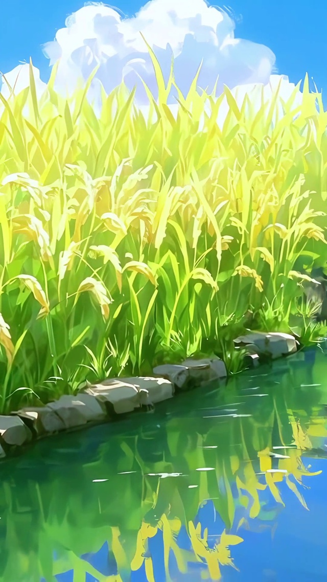 稻田间的小河流