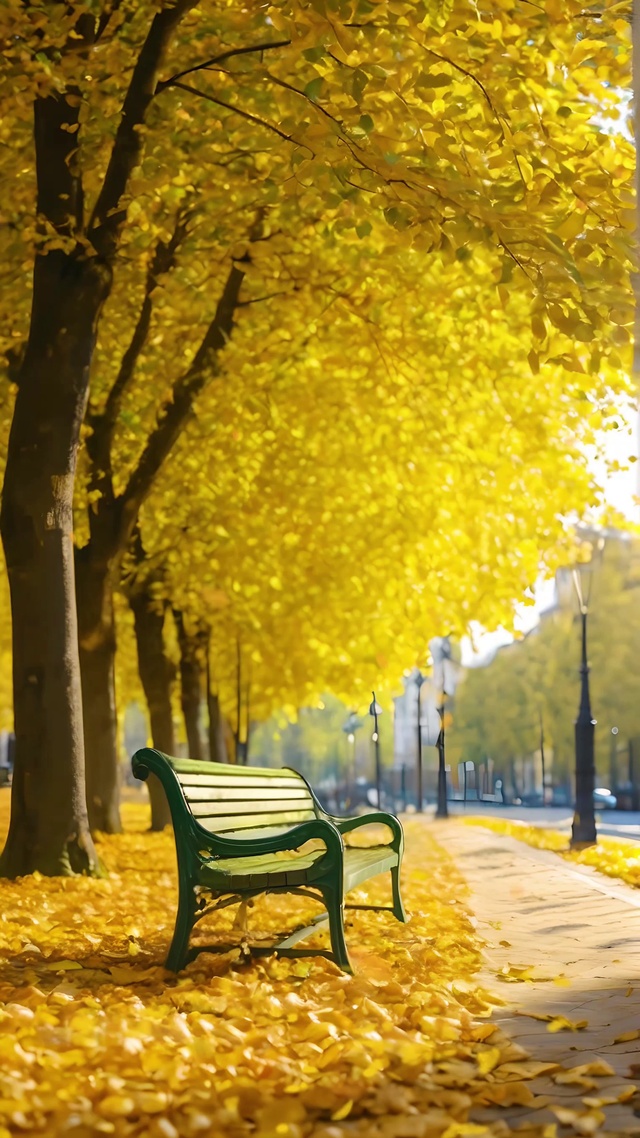 金秋落叶长椅
