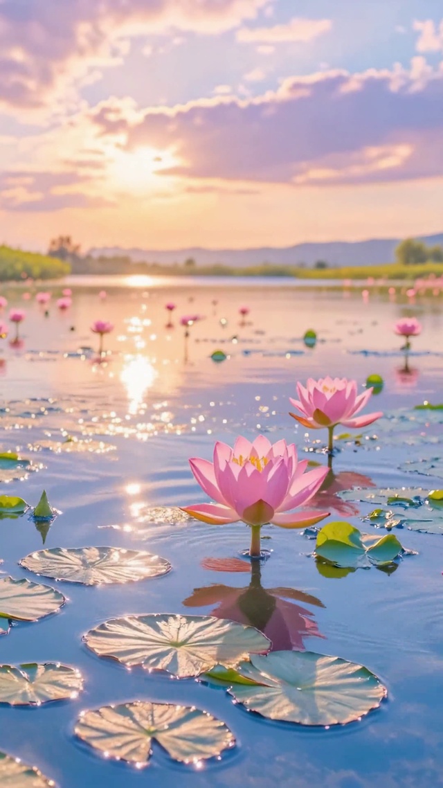 唯美风景落日荷塘