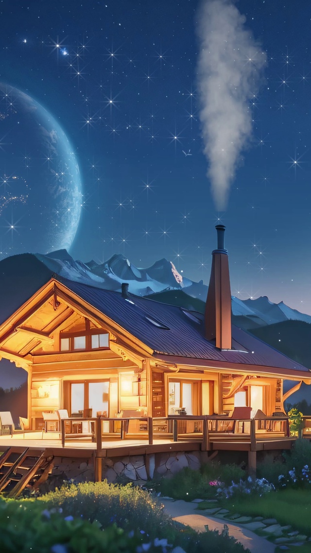 唯美治愈木屋夜景星空