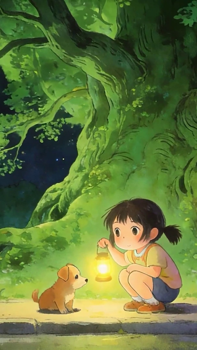 夜景女孩与萌宠狗