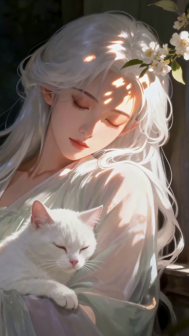 窗边银发少女与白猫