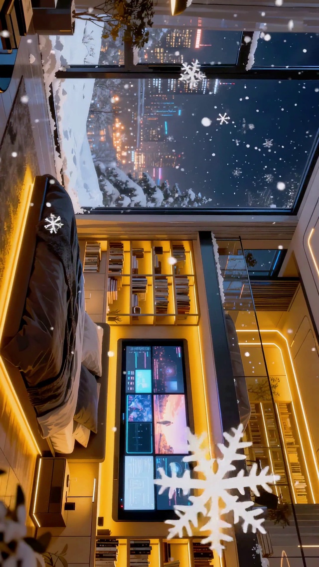 冬夜落雪暖光轻奢卧室