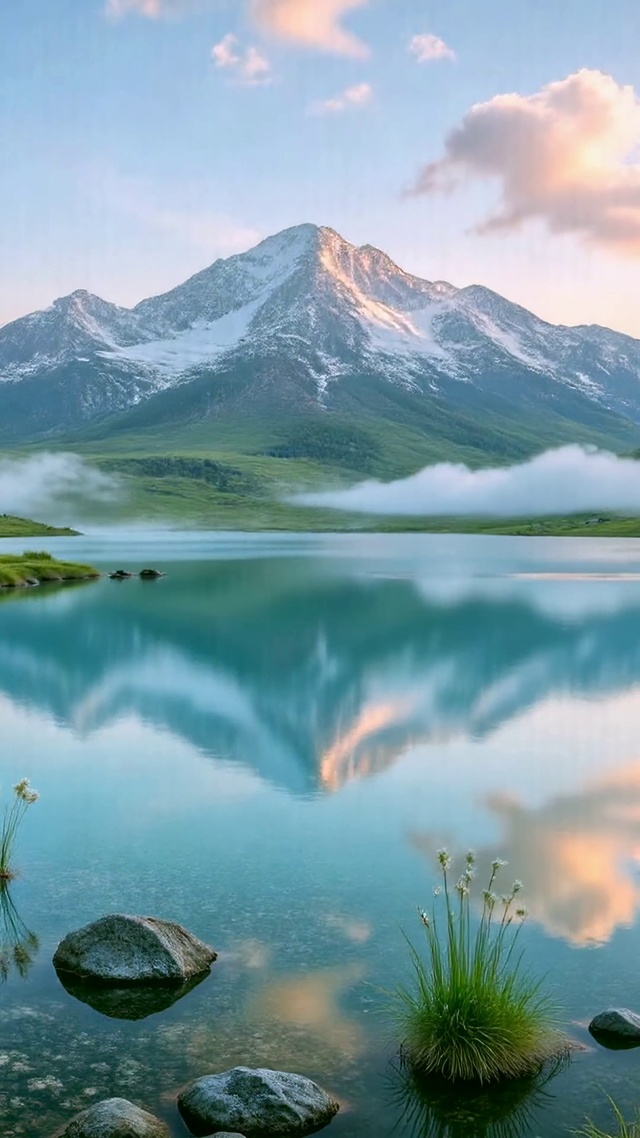 治愈雪山湖泊清晨风光