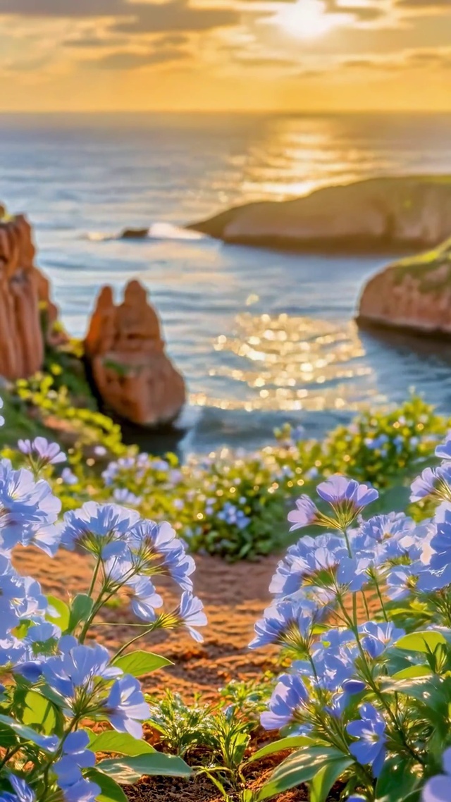 崖边蓝花海与落日海湾