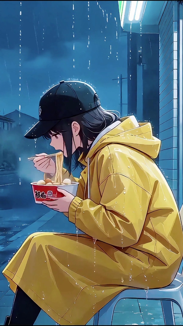 雨夜打工少女治愈壁纸