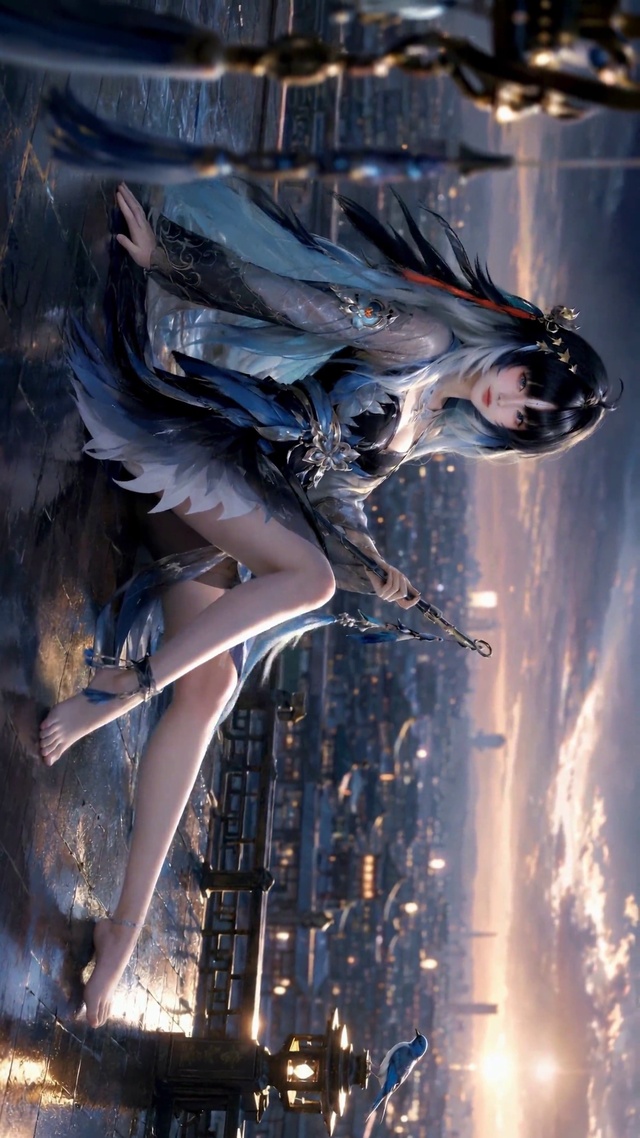 落日天台蓝发古风美少女