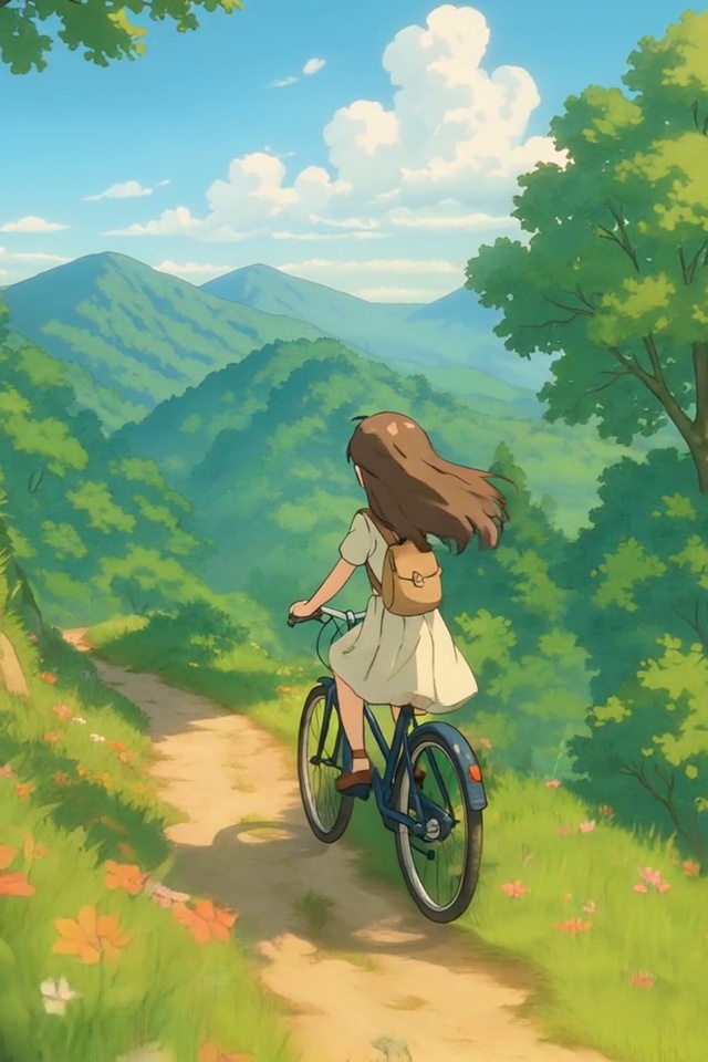 夏日清风山间小路清纯美女骑单车