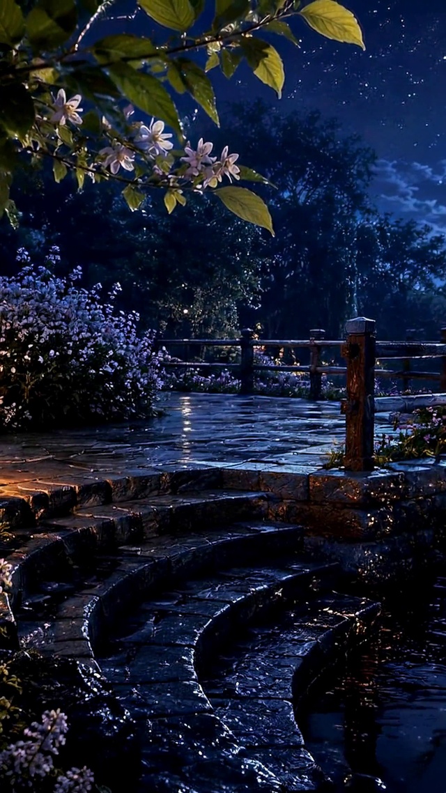 月夜湖畔花径夜景
