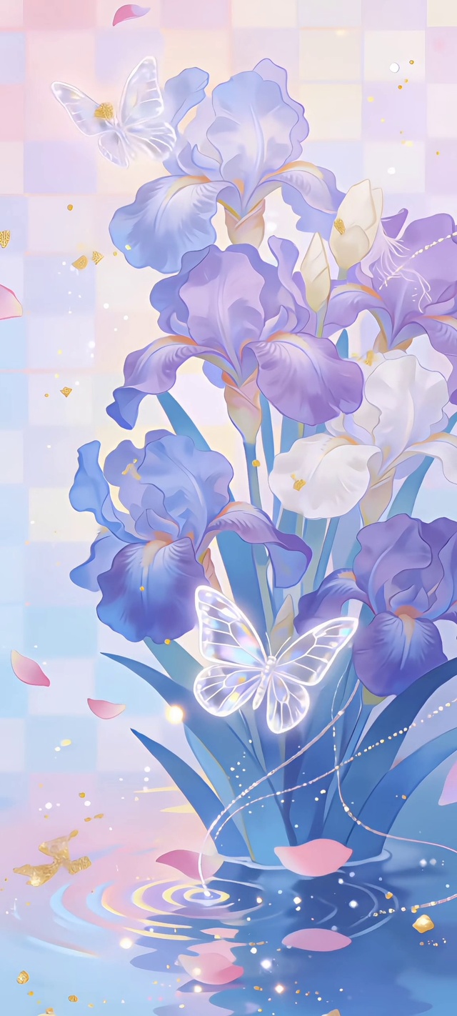 全屏雾蓝鸢尾落樱伴蝶栖花间