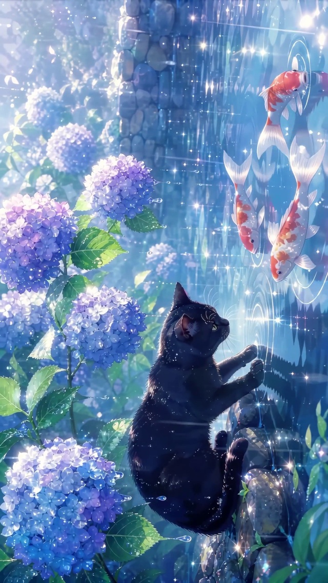 黑猫逗锦鲤