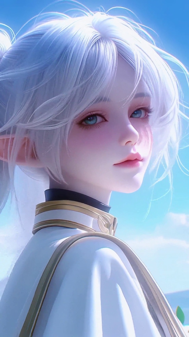晴空下的银发精灵美少女