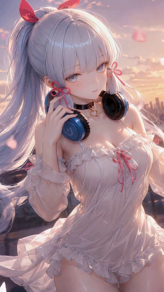 夕阳天台银发二次元美少女