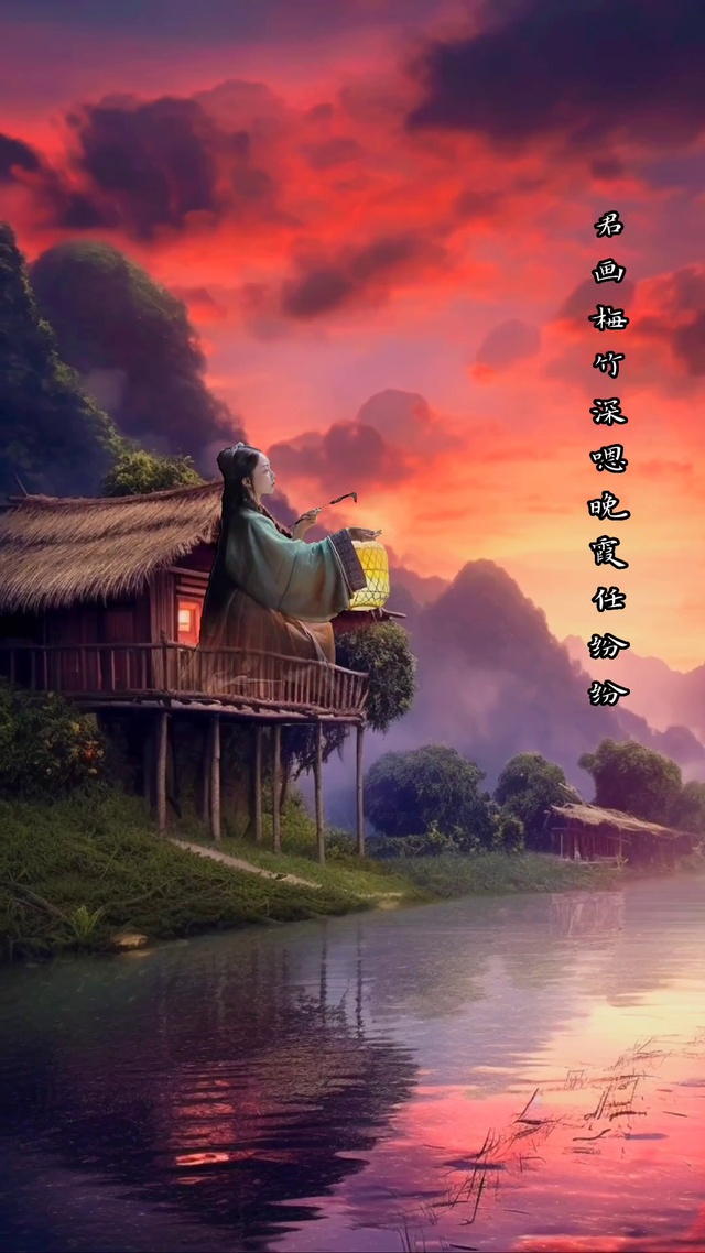 火红的夕阳下竹屋