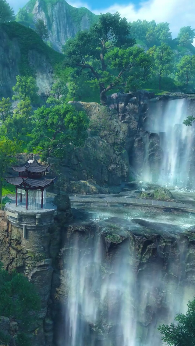 唯美国风瀑布翠竹