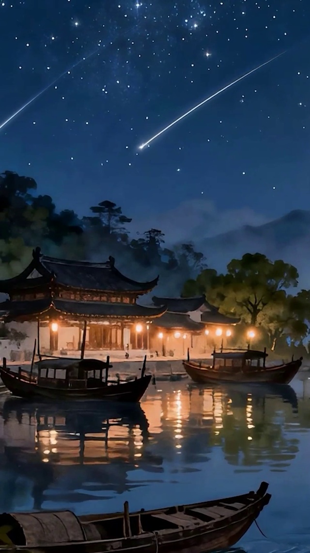 夜景树木河流