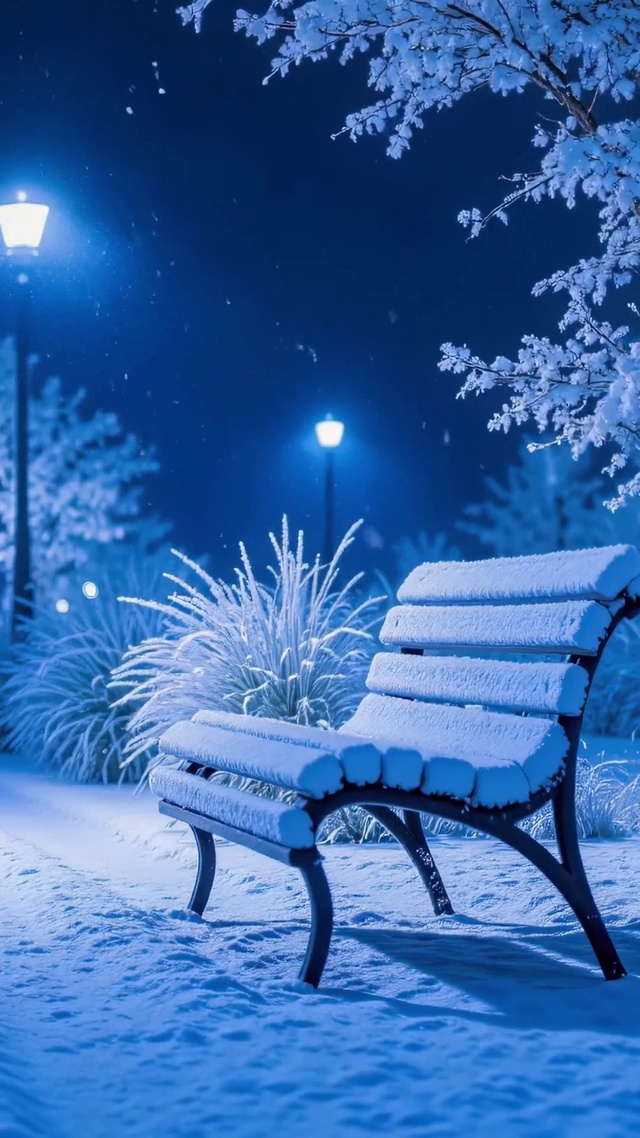 雪夜路灯长椅