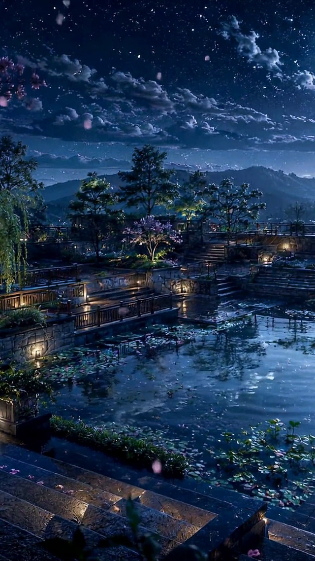 静谧月夜星空园林美景